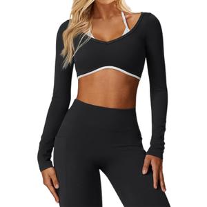 Women's Workout Crop Tops Halter Long Sleeve Backless Padded Sports Bra Gym Yoga Top T Shirts (Medium, Black)