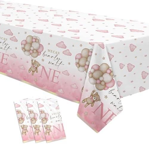 YJRJSC Bear 1st Birthday Decorations Tablecloth for Girl, 3 Pack Disposable Pink Teddy Bear Theme We Can Bearly Wait One Party Supplies Tablecover, 55in x 86in, Set of 3
