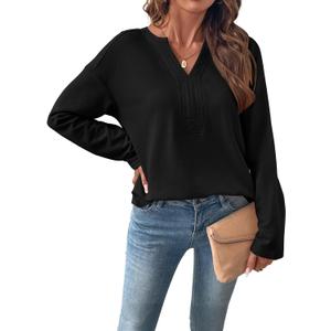 SHEWIN Womens Casual V Neck Sweatshirt Long Sleeve Lightweight Drop Shoulder Solid Pullover Tops (Black, XL)