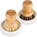 Bamboo Brush Dish Scrubber Clean Pan and Vegetable, Natural Bristles Palm Pot Brush 2 Pack Round Mini Dish Brush with 2 Ceramic Dish for Kitchen Sink Cleaning