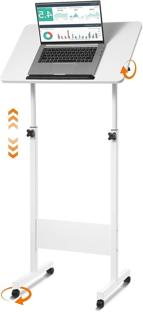 Mobile Podium, Adjustable Standing Desk with Caster Wheels, Adjustable Height 360 Swivel Desktop, Versatile Podium Laptop Desk Stand Up Desk Easel Presentation Lectern (White)