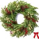 26" Norfolk Pine Wreath, Large Greenery Wreath for Front Door, Green Year Round Real Touch Artificial Greenery Wreath for Wall Porch Rustic Farmhouse Home Decor, with Lights, Red Bow, FF10