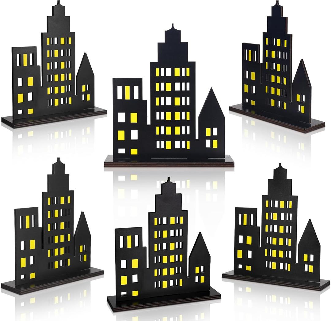6 Pieces City Skyline Centerpiece Sign Skyscraper Party Decorations Wooden Skyscraper Table Decorations for Hero Theme Birthday Party Supplies
