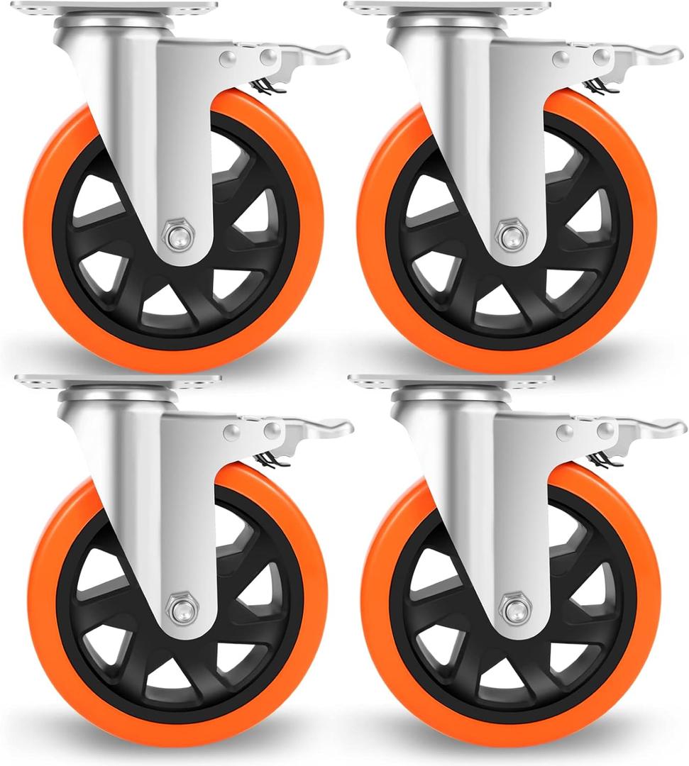 W B D WEIBIDA 6 inch Caster Wheels with Dual Locking, Casters Set of 4 Heavy Duty of 2400lbs, Premium Polyurethane No Noise Wheels for Cart, Workbench and Furniture