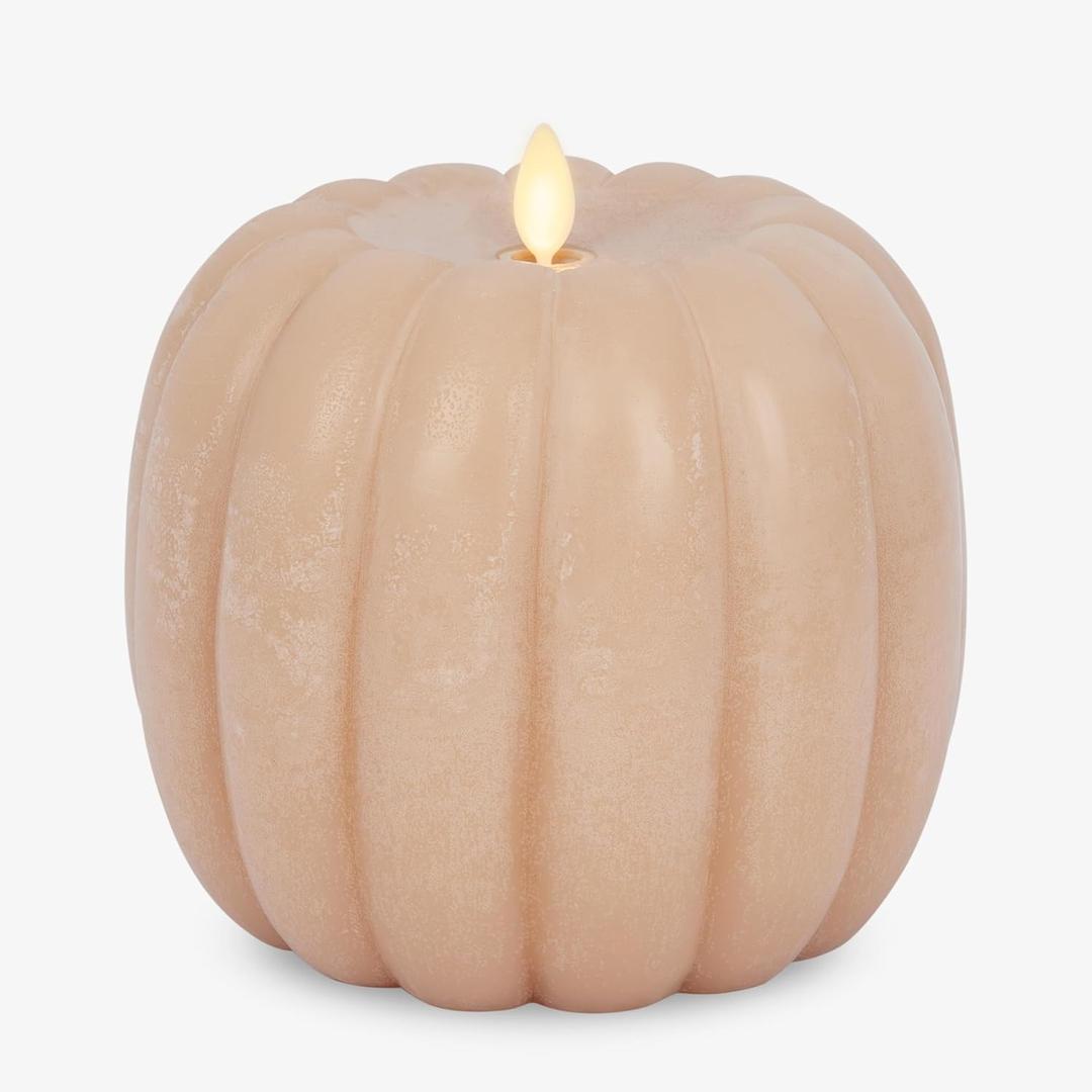 Luminara Tall Pumpkin Figural Flameless Flickering Moving Flame LED Candle (5.7" x 5.5"), Chalky Finish Real Unscented Wax, Time Function (Irish Cream)