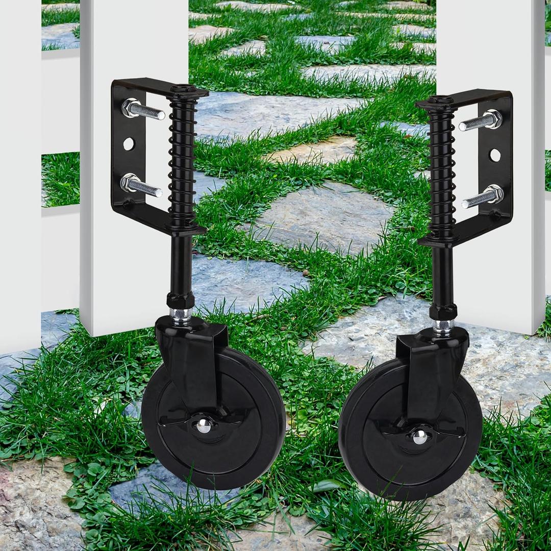 4 Inch Heavy Duty Fence Gate Wheel for Metal Tube, Adjustable Spring Loaded Caster Wheel with 360 Swivel, Black Rubber Gate Wheel with Metal Break, 2 Pack
