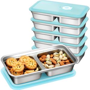 Stainless Steel Snack Containers with Lids, Reusable Lunch Box, Double Compartment Food Storage, Grab and Go Snack Container,Double Compartment Food Lunch Meal Container Prep for Travel, 6 Pack