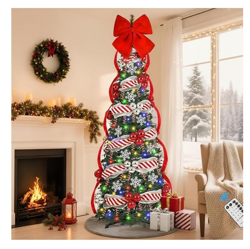 Uspring 6 FT Pop Up Christmas Tree with Lights, Artificial Collapsible Christmas Tree with Remote Control & 200 Colorful LED Lights, Pre Decorated Surround Ribbon, Ball Ornaments, Holiday Party Decor