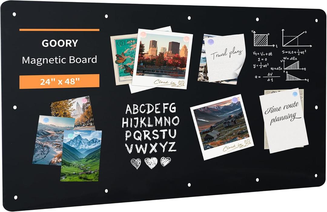 GOORY Magnetic Wall Board - 24" x 48" - Memo & Vision Bulletin Board for Home, Office and Classroom - Pre-drilled Mounting Screws Large Frameless Magnet Black Wall Board
