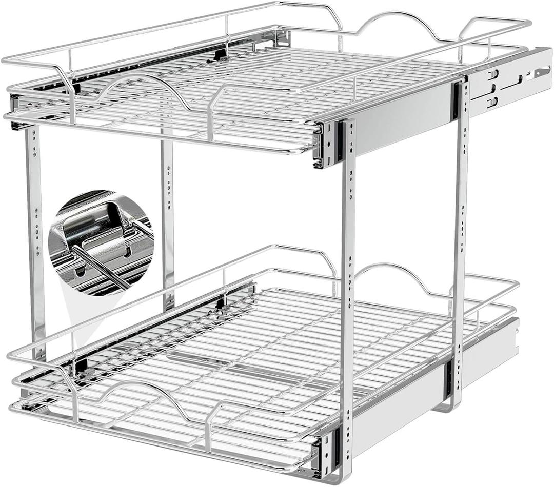 OCG 2 Tier Pull Out Cabinet Organizer (14" W x 21" D), Pull Out Drawers for Kitchen Cabinets, Pull Out Shelves for Base Cabinet Organization in Kitchen Bathroom Pantry, Chrome Finish