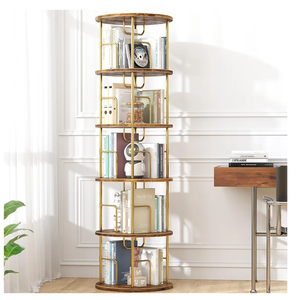 5Tier Rotating Bookshelf, 360 ° Display Stackable Spinning Bookshelf Tower, Narrow Space Saving Tall Floor Standing Swivel Bookcase Corner Storage Organizer for Bedroom/Living Room/Office，Gold