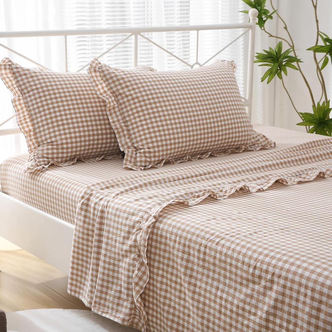 Taupe White Plaid Ruffle Sheets Queen Size 4-Piece Set, 300TC 100% Yarn Dyed Washed Cotton Checker Sheets 18'' Deep Pocket Farmhouse Gingham Decorative BeddingTaupe/White Plaid, Queen