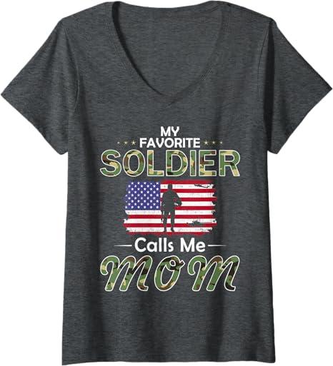 Womens My Favorite Soldier Calls Me Mom-Proud Army Mom Tshirt V-Neck T-Shirt (Small, Dark Heather Grey)