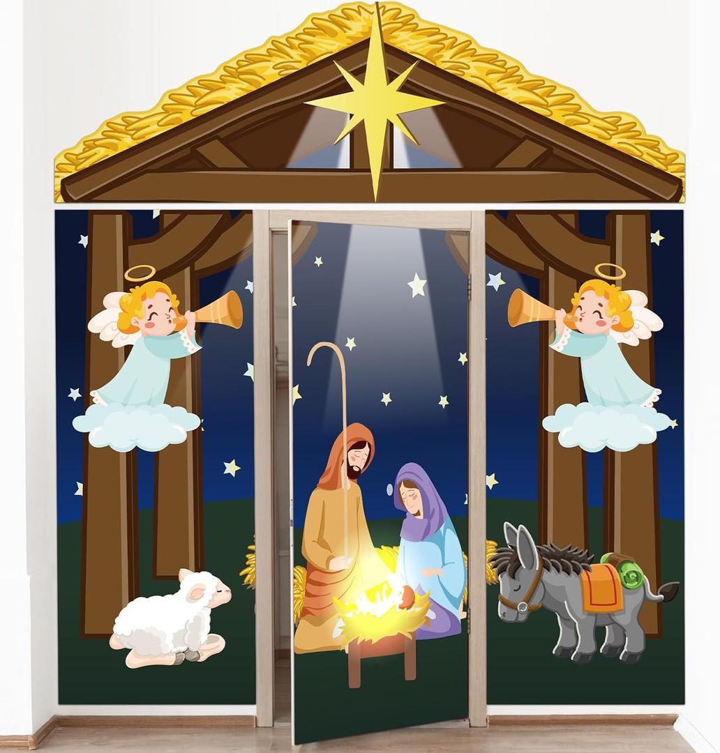 4 Pcs 98 Inch Nativity Christmas Door Decoration Holy Night Religious Door Cover Christian Porch Banner Decor for Classroom Winter Holiday Photography Home Party Decor