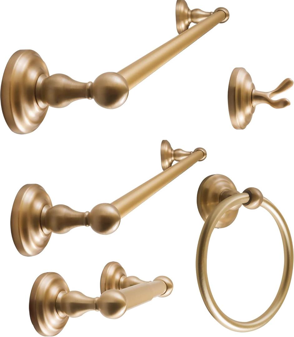 SENTO ROBIKI Gold Bathroom Accessories Set, Bath Hardware, Includes Robe Hook, Toilet Paper Holder, Towel Ring, 18 & 24 Towel Bar, Duty Metal Bath Hardware Set Wall Mounted (5-Piece, Satin Brass)