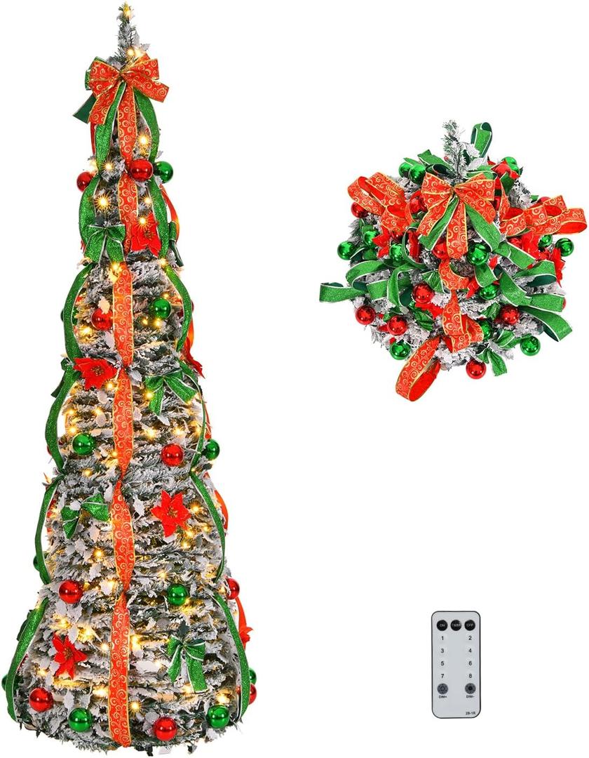 VINGLI 6ft Pre-Lit Pop Up Christmas Tree with 150 Lights, Fully Decorated Flocked Pencil Collapsible Tree for Holiday Party Decorations (Red & Green)