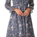 Allegra K Fall Casual Floral Dress for Women 2025 Long Sleeve Crew Neck Chiffon Midi Tea Party Ruffle Dresses (Medium, Grey Blue)