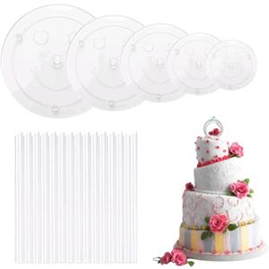 5 Pieces Cake Separator Plates Stands with 15 Pieces Clear Plastic Cake Dowel RodsCake Supports for Tiered Cake Stacking for 4, 6, 8, 10, 12 Inch Cakes.