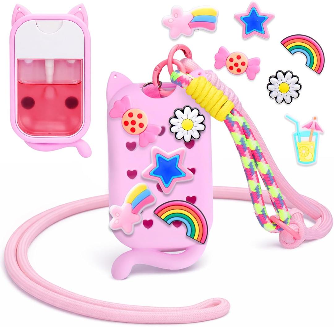 Mity rain Hand Sanitizer Spray Case Compatible With Touchland, Cute Silicone Hand Sanitizer Holder Keychain with 4 Charms, Portable Refillable Sanitizer Accessory, Gift for Women And Teens