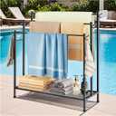 Towel Rack Standing Towel Rack-Bath Sheets Rack 3 Tier Towel Stand Blanket Rack with Large Storage & 6 Hooks, Freestanding Towel Racks for Bathroom Bedroom Organizer Indoor Outdoor (Black)