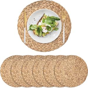 6 Pack Woven Placemats, Round Wicker Placemats, Rattan Place mats, Natural Hand-Woven Water Hyacinth Table Mats, Braided Straw Table Mats for Dining Table (13.8 inch)