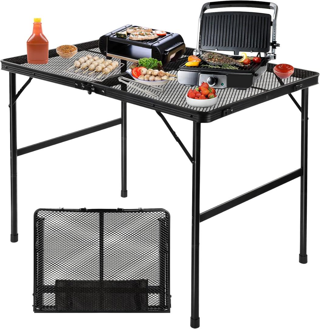 Folding Grill Table Camping Table with Mesh Desktop, Lightweight 3 FT Metal Table for Outside, Height Adjustable Portable Grill Tables for Camping, Picnic, Beach and BBQ, RV (35.4"LX23.6"WX26"H/16.5"H)