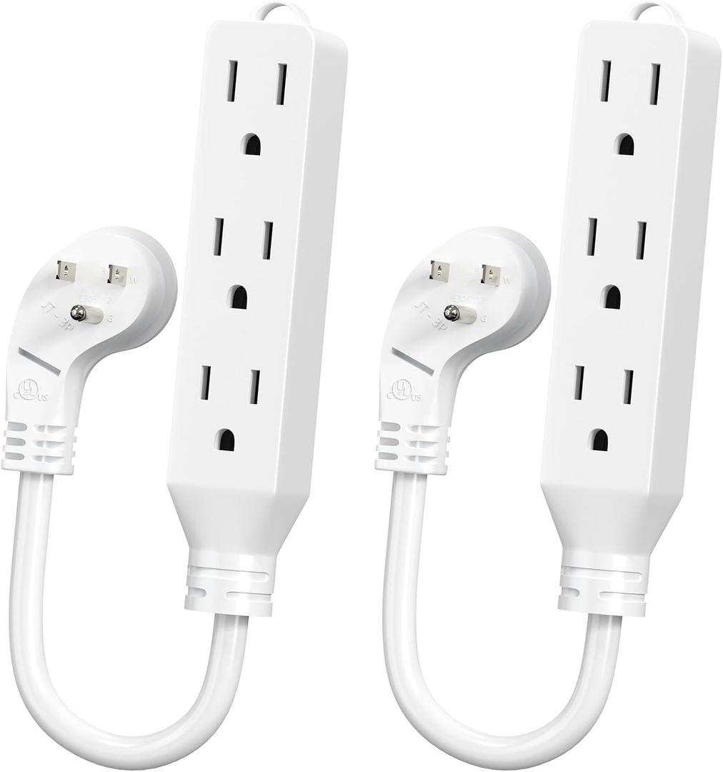 1FT Short Flat Plug Extension Cord - HICITY 3 Outlet Heavy Duty Extension Cord, SJT 16AWG 13A/125V/1625W Short Flexible Splitter (2-Pack, White)