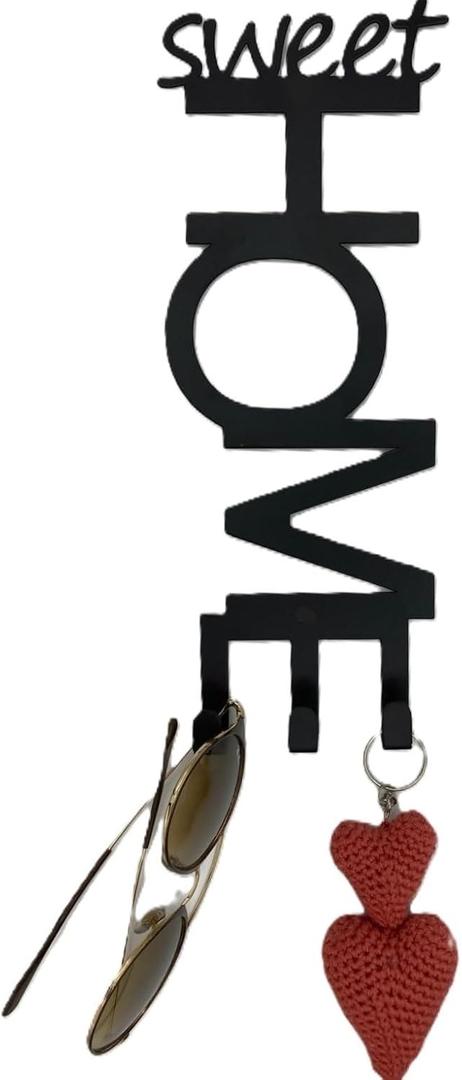 Sweet Home Wall Key Holder with 3 Hooks, Black Metal Decorative Key Hanger, 2 Installation Options