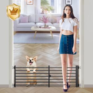 Malier Indoor Dog Gate with Door, 34-55" Extra Wide Full Metal Pet Gate Short Dog Gate for Stairs, Pressure Mount 14'' Tall Small Puppy Low Gate Easy Step Over for Doorways (Black)
