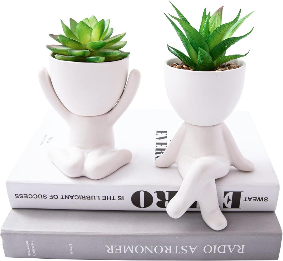 2 PCS Unique Artificial Plants Succulents Office Decor for Women and Men, Small Fake Plants with Human-Shaped Pots, Cute Faux Plants Indoor for Office or Home Decoration, White