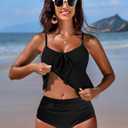 Edelqual Women's Tankini Swimsuits Two Piece Tummy Control Flowy Bathing Suit Tie Swim Top High Waist Bottom Swimwear (Black, L)