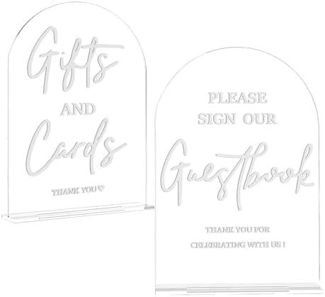 Acrylic Wedding Signs Clear 2PCS for Ceremony and Reception Guest Book Gifts and Cards Sign 5x7 Inch Arch Table Sign with Holder