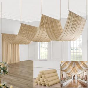 50ft40ft Champagne Ceiling Drapes for Weddings Parties,10 Panels 540ft Long Ceiling Curtain for Tent Canopy,Wrinkle Free Silky Easy to Hang&Draping Drapes for Backdrop Event Church Stage, W5ftH40ft_10 Panels