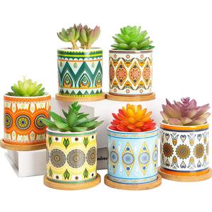 Succulent Plant Pots - 3.1 inch Ceramic Succulent Planter -Cylinder Flower Pots for Cactus with Drainage Hole and Bamboo Tray, 6 Pack (Multicolor1)