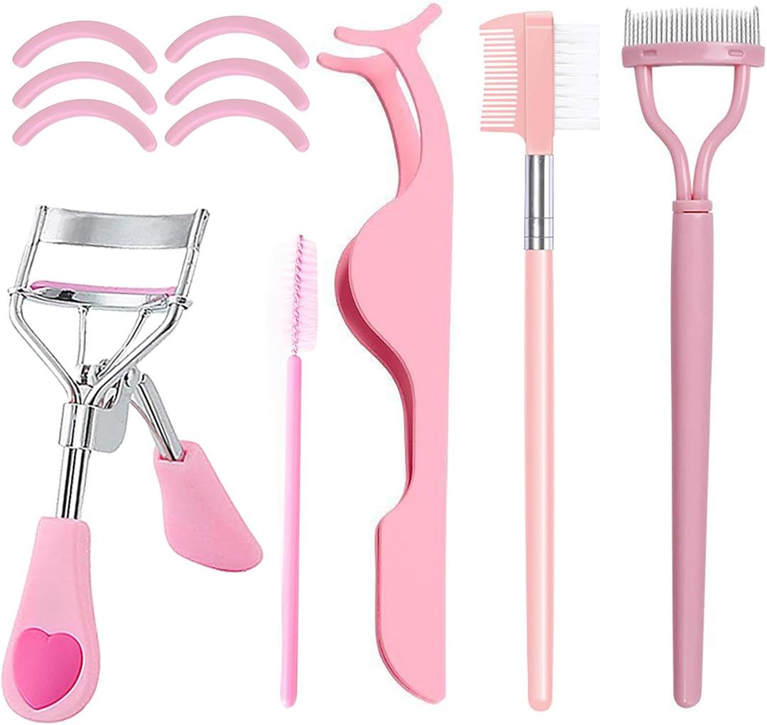 11Pcs Eyelash Curlers Eyebrow Brush Kit for Women, Multifunctional Eyelash Comb Seperator, Mascara Brushes for Women Eyelash Extension Tweezers with Silicone Refill Pads for Home and Travel Uses,Pink