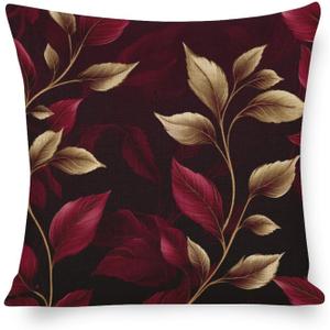 Sofa Pillow Covers Elegant Leaves Burgundy Pillow Cover 16"x16" Burgundy/Gold Pillowcase Farm Decorations Pillow Case Decor for Sofa Couch Modern Sofa Throw Pillow Cover Decorative Outdoor Pillow Case (Pattern-7)