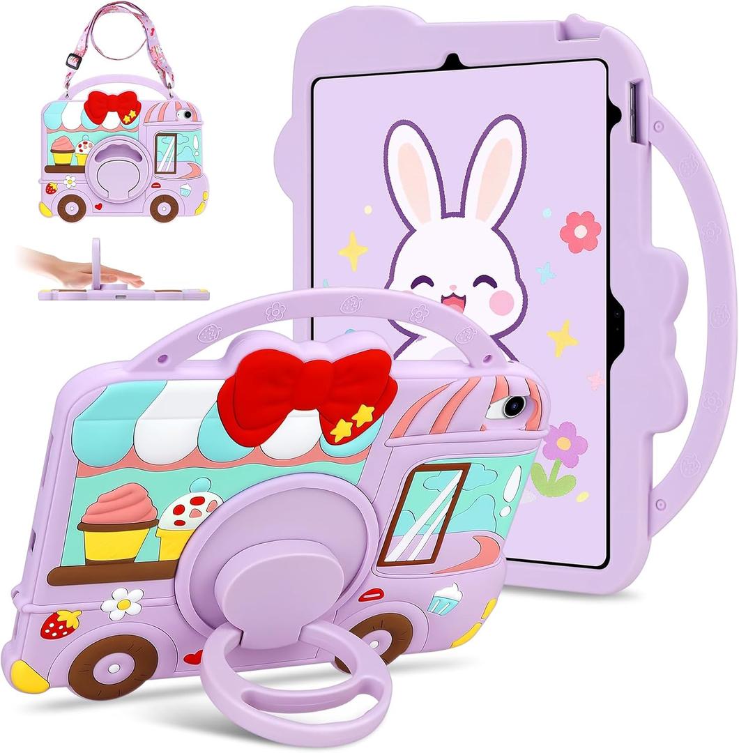 for iPad 10th Generation Case 10.9 inch 2022 for iPad A16 11th Generation Case 2025 Purple with 3D Dessert Ice-Cream Cart Design Shoulder Strap 360 & 180 Degree Kickstand Shockproof Protective Cover