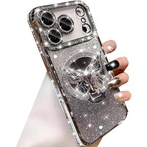 Changjia Magnetic Glitter Case for iPhone 17 Pro,[Compatible with MagSafe] Cute Bling Sparkly Diamond with Camera Protector &Butterfly Kickstand&Makeup Mirror Women Girls Case for iPhone 17 Pro,Silver