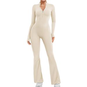 YEOREO Women Long Sleeve Flare Workout Jumpsuit Zip Up Romper Bottom Pants Wide Leg Bodysuit Bodycon Sexy One Piece (Large, Cream)