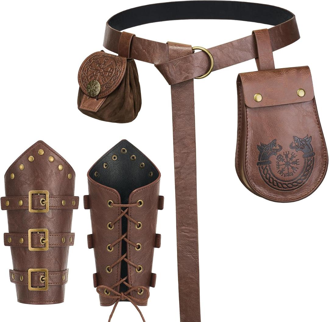  4PCS Renaissance Accessories, Viking Renaissance Belt Pouch Coin Purse Leather Bracers, Medieval Phone Waist Bag Pirate Ren Faire Accessories Costumes for Halloween Cosplay LARP, Brown