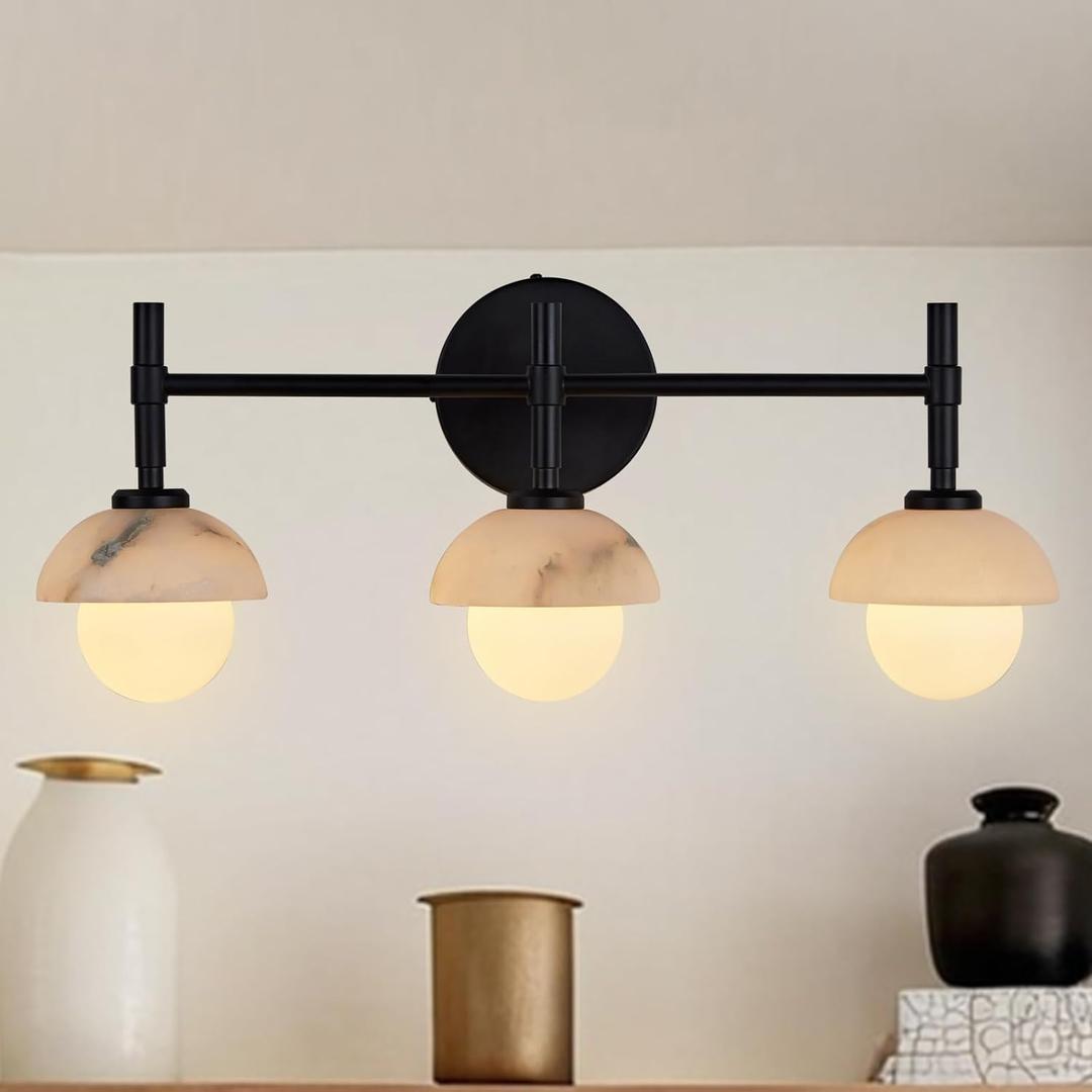 Mid-Century Modern Natural Alabaster Hand-Carved Wall Sconce, 3-Light Vanity Light Fixture Over Mirror with Alabaster Shade, Wall Light for Hallway, Bathroom (Black)