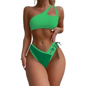 SherryDC Women's Cheeky Cutout One Shoulder Bikini Color Block V Cut High Leg Two Pieces Swimsuit XL