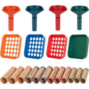 Coin Sorter Tube & Coin Sorter Tray - 4 Color Coded Coin Separator Trays and Coin Sorters Tubes Bundle with 40 PCS Preformed Coin Wrappers