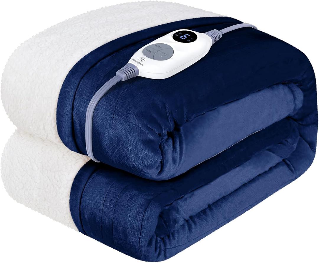 Westinghouse Electric Blanket Heated Throw | 6 Heating Levels & 4 Hours Auto Off | Flannel to Sherpa Reversible 50x60 | Machine Washable, Navy Blue