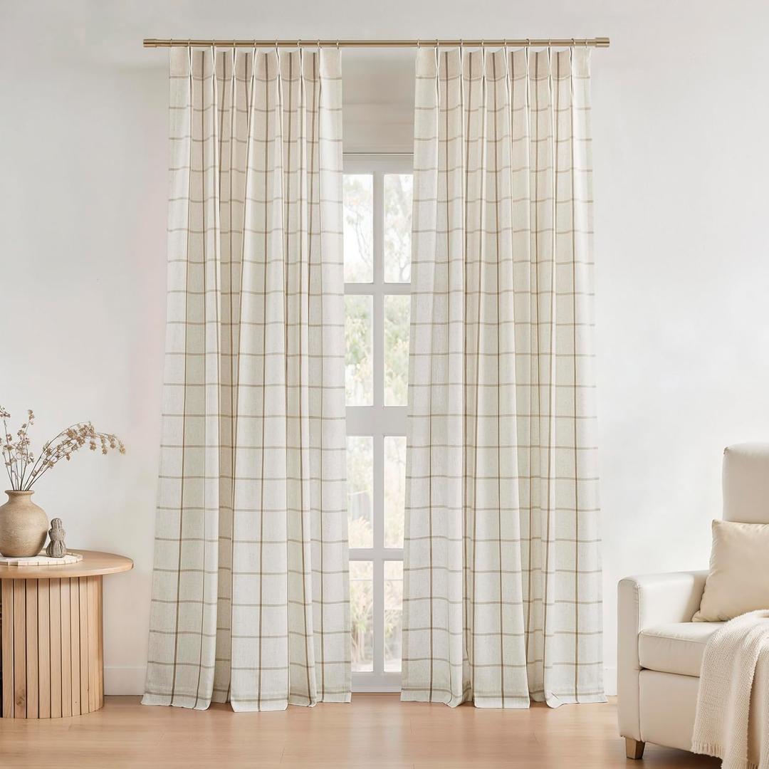 Central Park Plaid Pinch Pleated Curtain Panel Checkered Semi Sheer 90 Inch Flax Linen Blended Window Treatment Drape for Rustic Living Room Bedroom with Back Tabs Hooks, 40" L x90 W x2