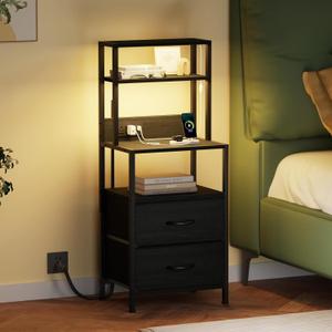 Furnulem Night Stand, Tall Nightstand with 4-Tier Shelves, 2 Fabric Drawers and Led Lights, Bed Side Tables with Charging Station, Bedside Table for Bedroom, Office, Black Oak | 4-Tier Shelves, 2 Fabric Drawers, Light Tube, Bed Side Tables, Charging Station, Bedside Table