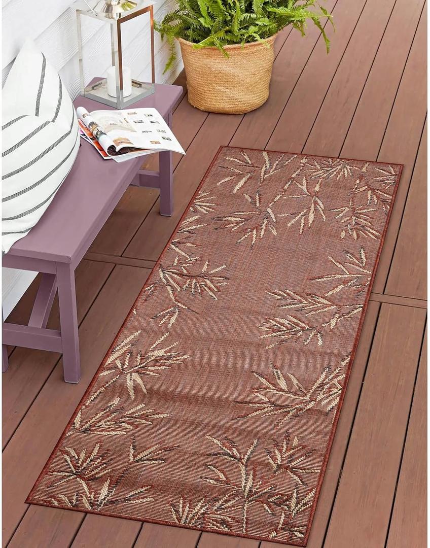 Liora Manne Carmel Indoor/Outdoor Power Loomed Synthetic Blend Low Profile Area Rug - Transitional Border Botanical Leaf Decorative (Bamboo Border Chili) (1'11" x 4'11") (1'11" x 4'11" (Runner))