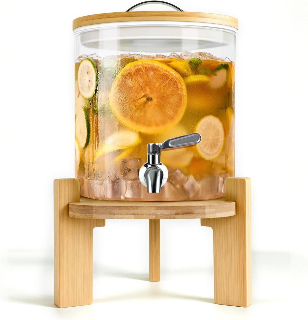 Beverage Dispenser 1.5 Gallon, Glass Drink Dispenser with Stand, Drink Dispensers for Parties, Beverage Dispenser with Wood Stand, Stainless Steel Spigot, for Parties, Bars, Restaurants (1.5 Glallons)