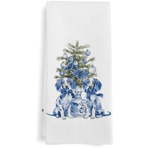 GWFSJYU Chinoiserie Dachshund Kitchen Towels, Christmas Blue Dachshunds Dish Tea Towels, Dachshund Gifts for Women, Winter Christmas Weiner Dog Decorative Hand Towel for Bathroom Kitchen, 16x24