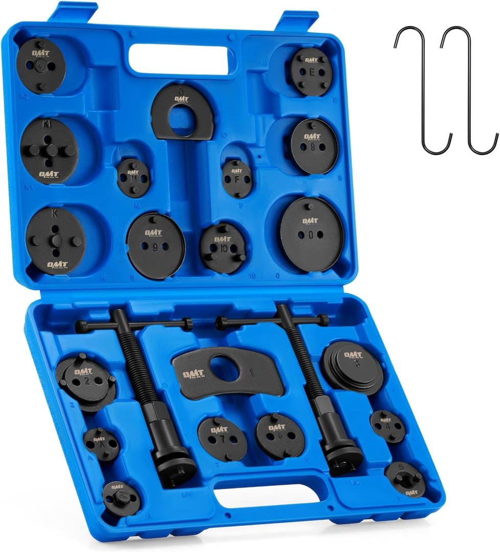 Orion Motor Tech Brake Caliper Wind Back Tool Kit, 24pc Brake Caliper Compression Tool Set with Thrust Bolt Assemblies Retaining Plates Caliper Hangers 18 Disc Adapters, Blue Case (Black)
